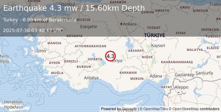 Earthquake CENTRAL TURKEY (4.3 mw) (2025-07-30 03:40:47 UTC)