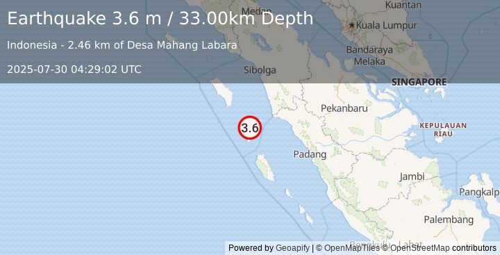 Earthquake KEPULAUAN BATU, INDONESIA (3.6 m) (2025-07-30 04:29:02 UTC)