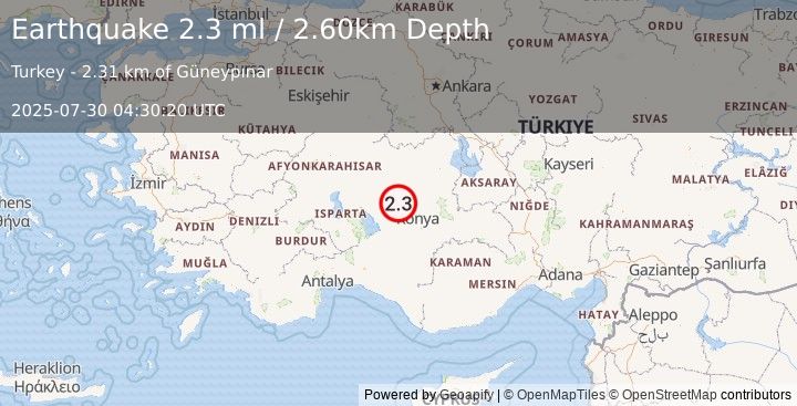 Earthquake CENTRAL TURKEY (2.3 ml) (2025-07-30 04:30:20 UTC)