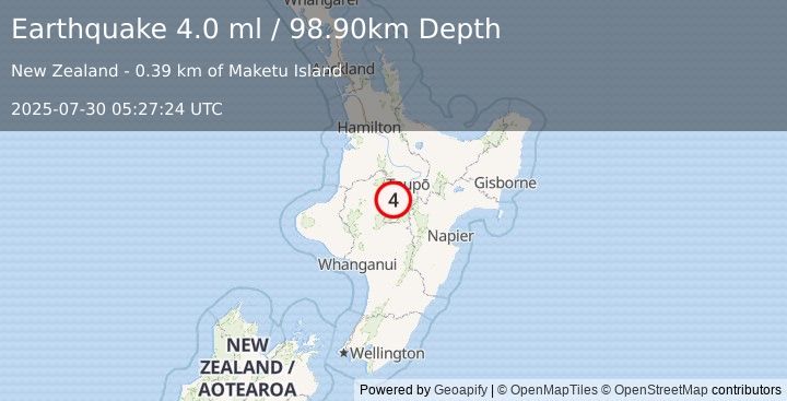 Earthquake NORTH ISLAND OF NEW ZEALAND (4.0 ml) (2025-07-30 05:27:24 UTC)