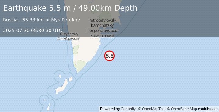Earthquake OFF EAST COAST OF KAMCHATKA (5.3 mb) (2025-07-30 05:30:22 UTC)