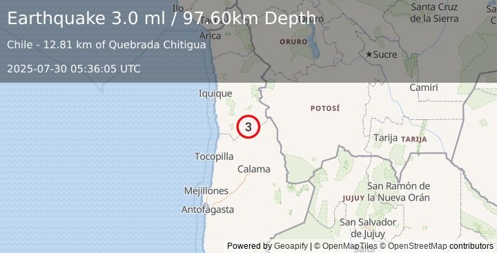 Earthquake TARAPACA, CHILE (3.0 ml) (2025-07-30 05:36:05 UTC)