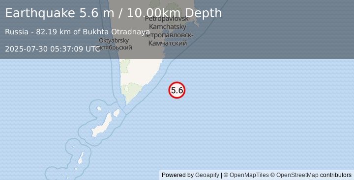 Earthquake OFF EAST COAST OF KAMCHATKA (5.3 mb) (2025-07-30 05:37:08 UTC)