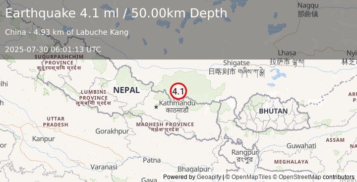 Earthquake WESTERN XIZANG (4.0 ml) (2025-07-30 06:01:02 UTC)