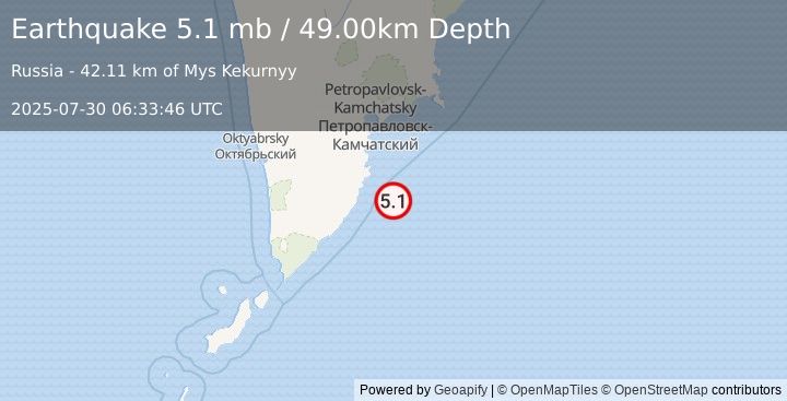 Earthquake OFF EAST COAST OF KAMCHATKA (5.1 mb) (2025-07-30 06:33:41 UTC)