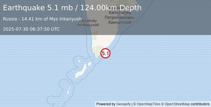 Earthquake NEAR EAST COAST OF KAMCHATKA (5.2 mb) (2025-07-30 06:37:50 UTC)