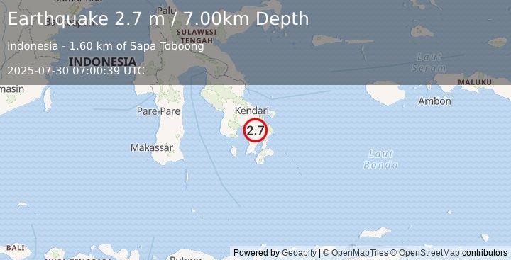 Earthquake SULAWESI, INDONESIA (2.7 m) (2025-07-30 07:00:39 UTC)