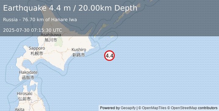 Earthquake OFF COAST OF HOKKAIDO, JAPAN (4.4 m) (2025-07-30 07:15:30 UTC)
