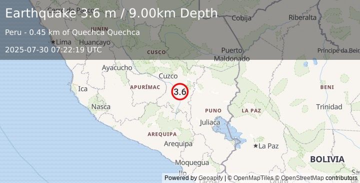 Earthquake CENTRAL PERU (3.6 m) (2025-07-30 07:22:19 UTC)
