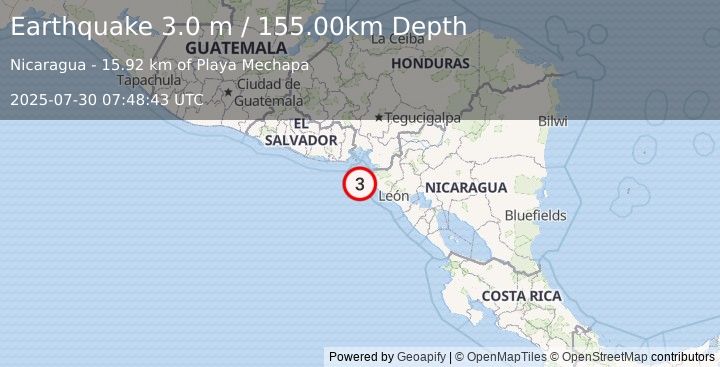 Earthquake NEAR COAST OF NICARAGUA (3.0 m) (2025-07-30 07:48:43 UTC)