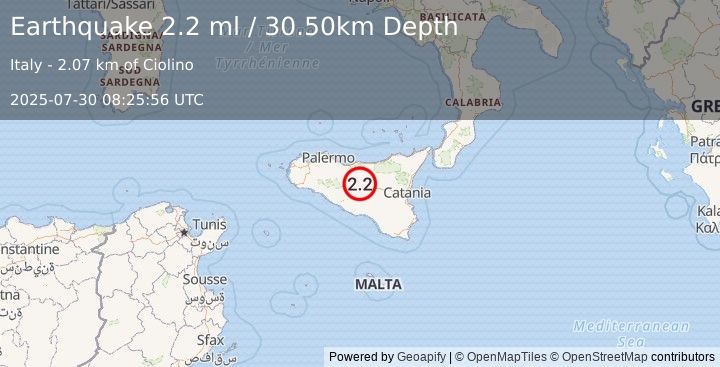 Earthquake SICILY, ITALY (2.2 ml) (2025-07-30 08:25:56 UTC)