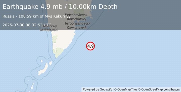 Earthquake OFF EAST COAST OF KAMCHATKA (4.9 mb) (2025-07-30 08:32:53 UTC)