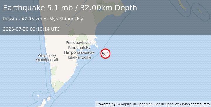 Earthquake OFF EAST COAST OF KAMCHATKA (4.8 mb) (2025-07-30 09:10:09 UTC)