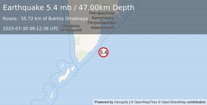 Earthquake OFF EAST COAST OF KAMCHATKA (5.3 mb) (2025-07-30 09:12:30 UTC)