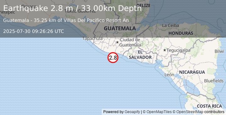 Earthquake OFFSHORE GUATEMALA (2.8 m) (2025-07-30 09:26:26 UTC)