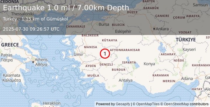 Earthquake WESTERN TURKEY (1.0 ml) (2025-07-30 09:26:57 UTC)