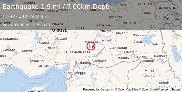 Earthquake EASTERN TURKEY (1.9 ml) (2025-07-30 09:28:55 UTC)