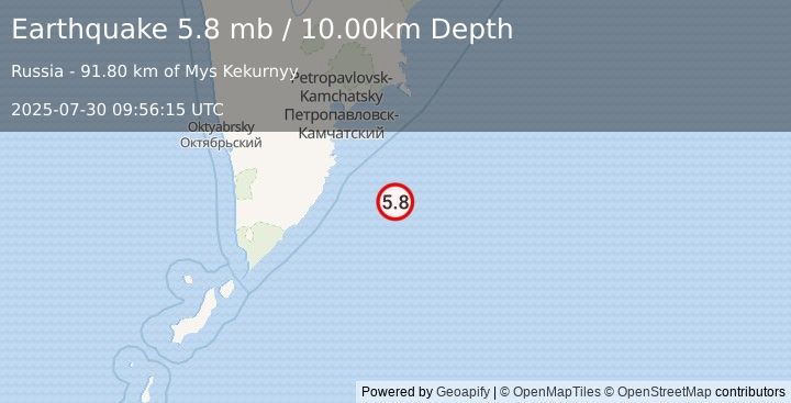 Earthquake OFF EAST COAST OF KAMCHATKA (5.6 mb) (2025-07-30 09:56:13 UTC)