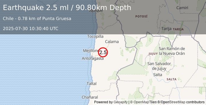 Earthquake ANTOFAGASTA, CHILE (2.5 ml) (2025-07-30 10:30:40 UTC)