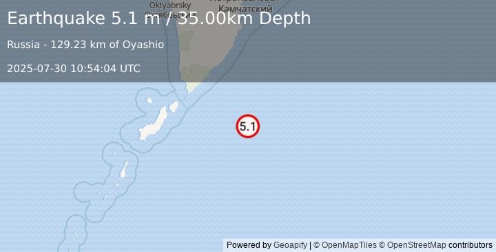 Earthquake EAST OF KURIL ISLANDS (5.0 mb) (2025-07-30 10:54:01 UTC)