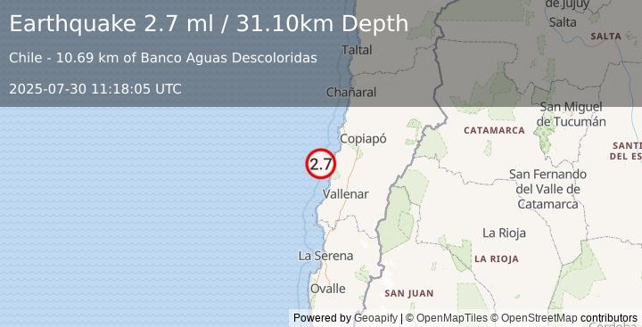 Earthquake OFFSHORE ATACAMA, CHILE (2.7 ml) (2025-07-30 11:18:05 UTC)
