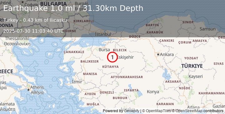 Earthquake WESTERN TURKEY (1.0 ml) (2025-07-30 11:03:40 UTC)