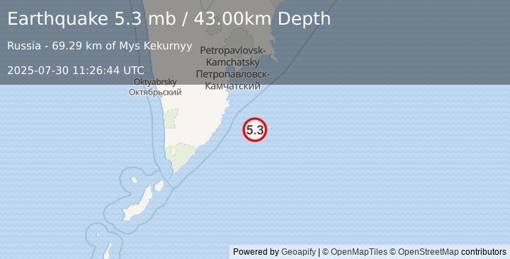 Earthquake OFF EAST COAST OF KAMCHATKA (5.1 mb) (2025-07-30 11:26:37 UTC)