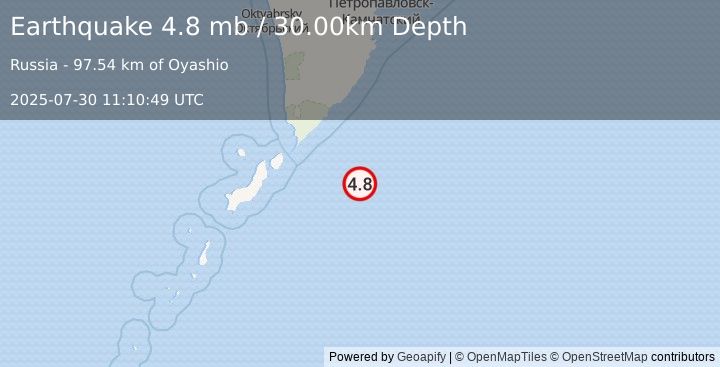 Earthquake EAST OF KURIL ISLANDS (4.6 mb) (2025-07-30 11:10:45 UTC)