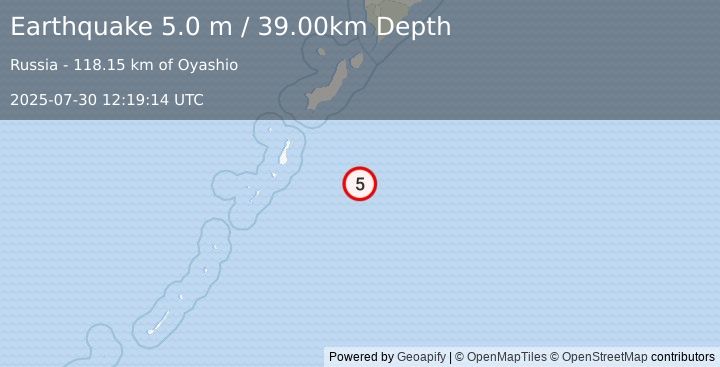 Earthquake KURIL ISLANDS (4.9 mb) (2025-07-30 12:19:11 UTC)