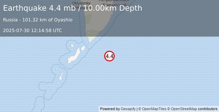 Earthquake EAST OF KURIL ISLANDS (4.4 mb) (2025-07-30 12:14:58 UTC)