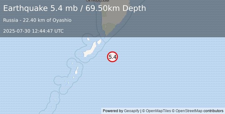 Earthquake EAST OF KURIL ISLANDS (5.2 mb) (2025-07-30 12:44:42 UTC)