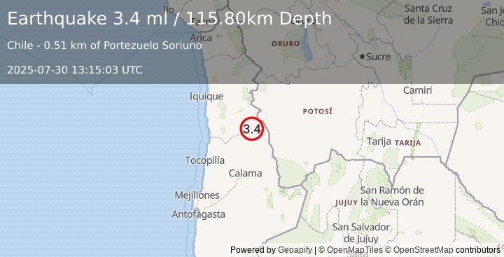Earthquake ANTOFAGASTA, CHILE (3.4 ml) (2025-07-30 13:15:03 UTC)