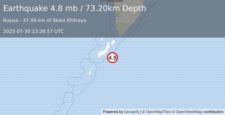 Earthquake KURIL ISLANDS (4.8 mb) (2025-07-30 13:26:57 UTC)