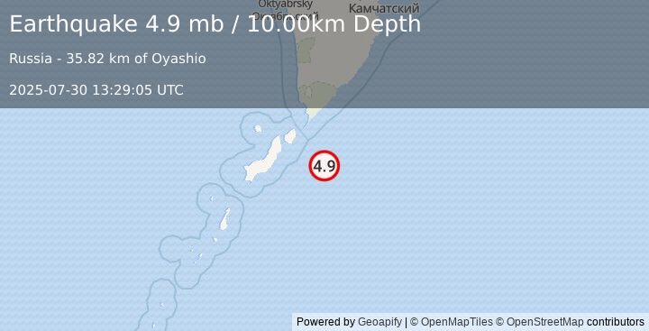 Earthquake KURIL ISLANDS (4.9 mb) (2025-07-30 13:29:05 UTC)
