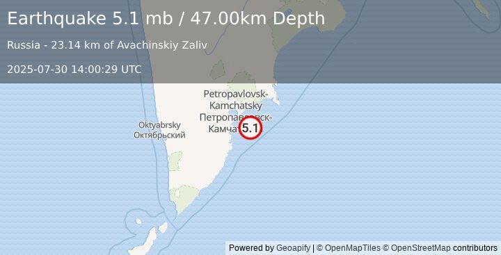 Earthquake OFF EAST COAST OF KAMCHATKA (5.7 mb) (2025-07-30 14:00:22 UTC)
