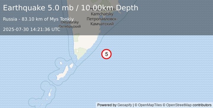 Earthquake OFF EAST COAST OF KAMCHATKA (5.2 mb) (2025-07-30 14:21:34 UTC)