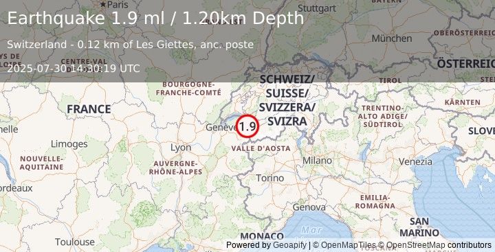 Earthquake SWITZERLAND (1.9 ml) (2025-07-30 14:30:19 UTC)