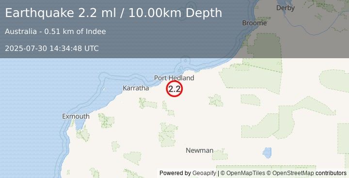 Earthquake WESTERN AUSTRALIA (2.2 ml) (2025-07-30 14:34:48 UTC)