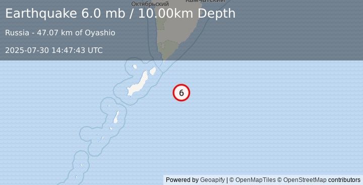 Earthquake KURIL ISLANDS (6.3 mb) (2025-07-30 14:47:42 UTC)