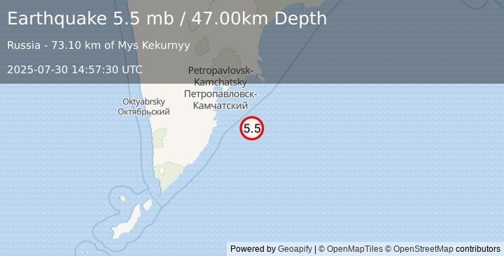 Earthquake OFF EAST COAST OF KAMCHATKA (5.2 mb) (2025-07-30 14:57:26 UTC)
