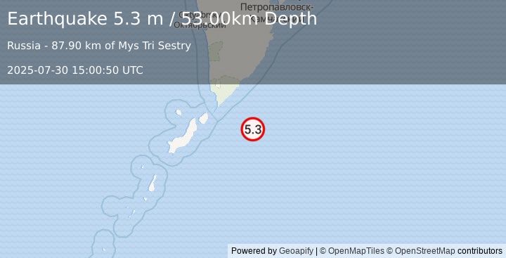 Earthquake EAST OF KURIL ISLANDS (5.2 mb) (2025-07-30 15:00:42 UTC)