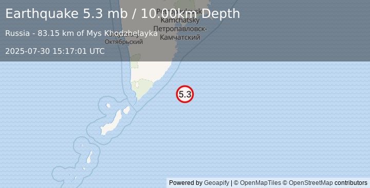Earthquake NEAR EAST COAST OF KAMCHATKA (5.2 mb) (2025-07-30 15:17:03 UTC)