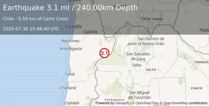 Earthquake ANTOFAGASTA, CHILE (3.1 ml) (2025-07-30 15:06:40 UTC)