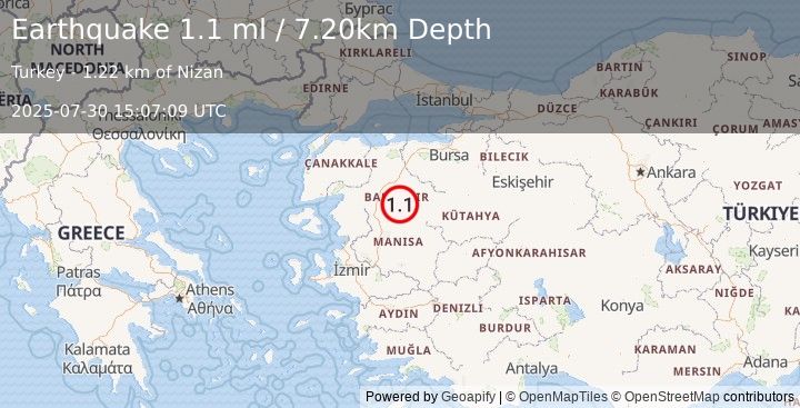 Earthquake WESTERN TURKEY (1.1 ml) (2025-07-30 15:07:09 UTC)