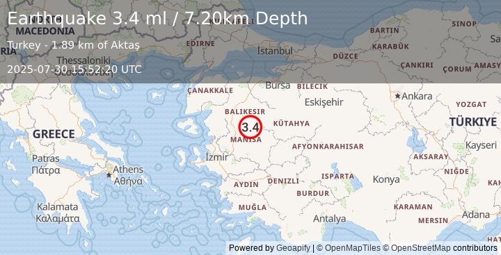 Earthquake WESTERN TURKEY (3.4 ml) (2025-07-30 15:52:20 UTC)