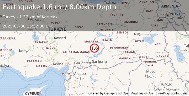 Earthquake EASTERN TURKEY (1.6 ml) (2025-07-30 15:52:08 UTC)