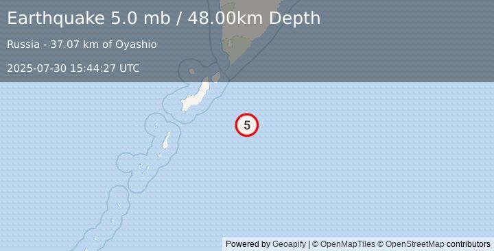 Earthquake EAST OF KURIL ISLANDS (5.0 mb) (2025-07-30 15:44:27 UTC)