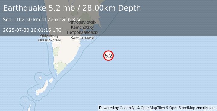 Earthquake OFF EAST COAST OF KAMCHATKA (5.2 mb) (2025-07-30 16:01:12 UTC)