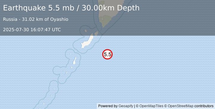 Earthquake EAST OF KURIL ISLANDS (5.7 mb) (2025-07-30 16:07:45 UTC)