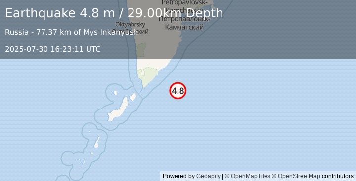 Earthquake NEAR EAST COAST OF KAMCHATKA (4.8 mb) (2025-07-30 16:23:12 UTC)
